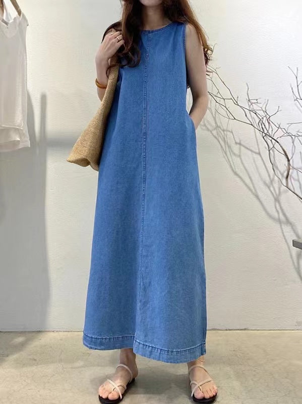 lovevop Simple Backless Loose Denim Dress