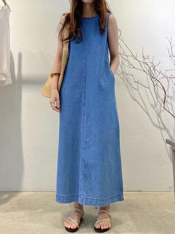 lovevop Simple Backless Loose Denim Dress