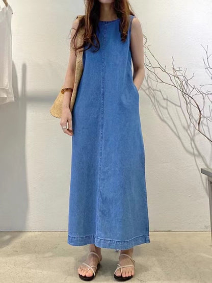 lovevop Simple Backless Loose Denim Dress