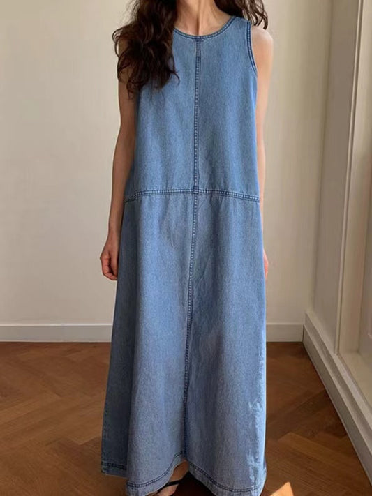 lovevop Loose Sleeveless Split-joint Denim Dress