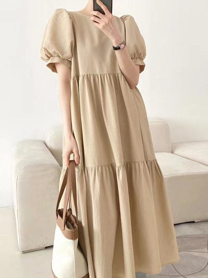 lovevop Simple Round Neck Loose Puff Sleeve Pleated Dress