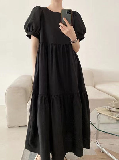 lovevop Simple Round Neck Loose Puff Sleeve Pleated Dress