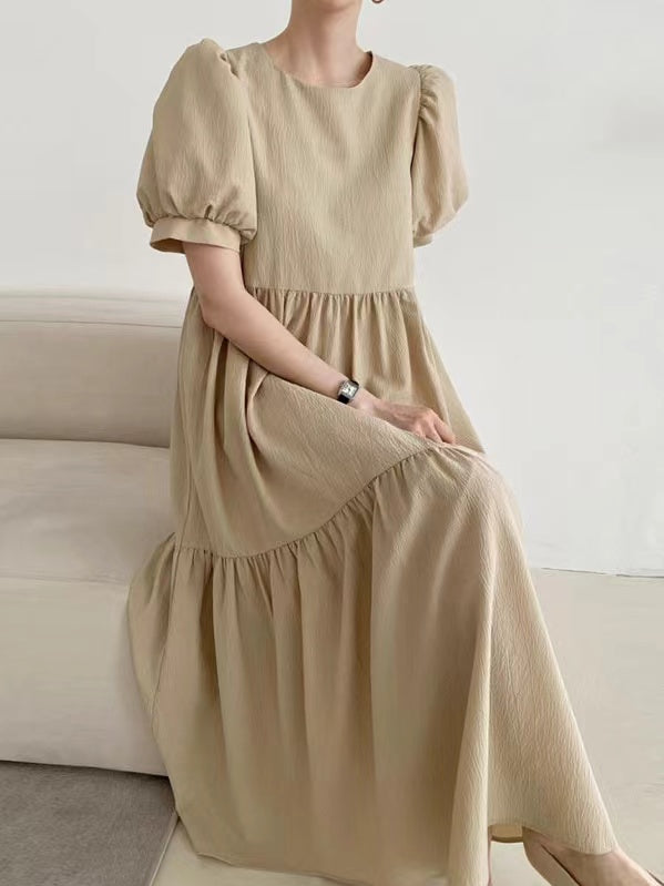 lovevop Simple Round Neck Loose Puff Sleeve Pleated Dress