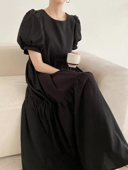 lovevop Simple Round Neck Loose Puff Sleeve Pleated Dress