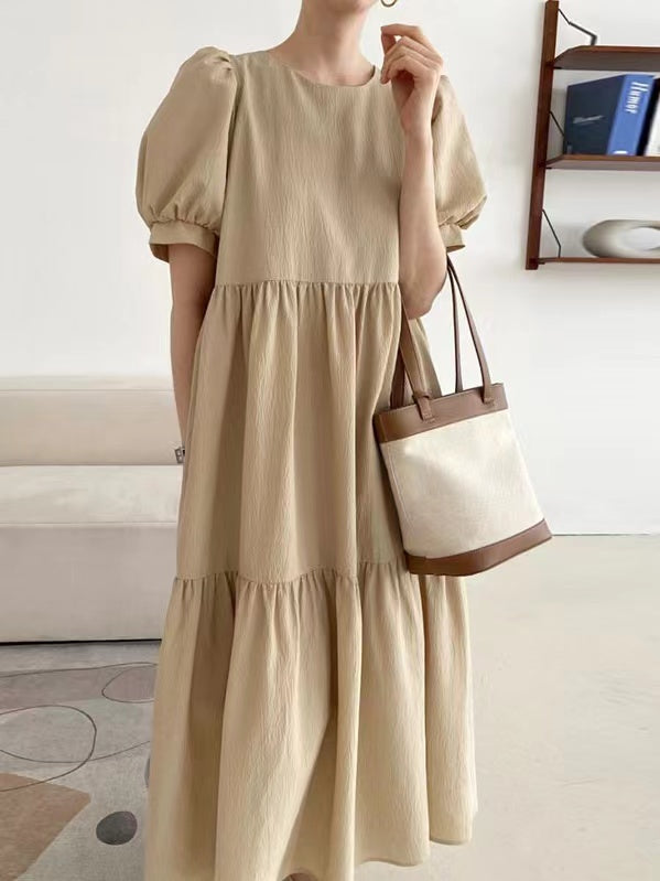 lovevop Simple Round Neck Loose Puff Sleeve Pleated Dress