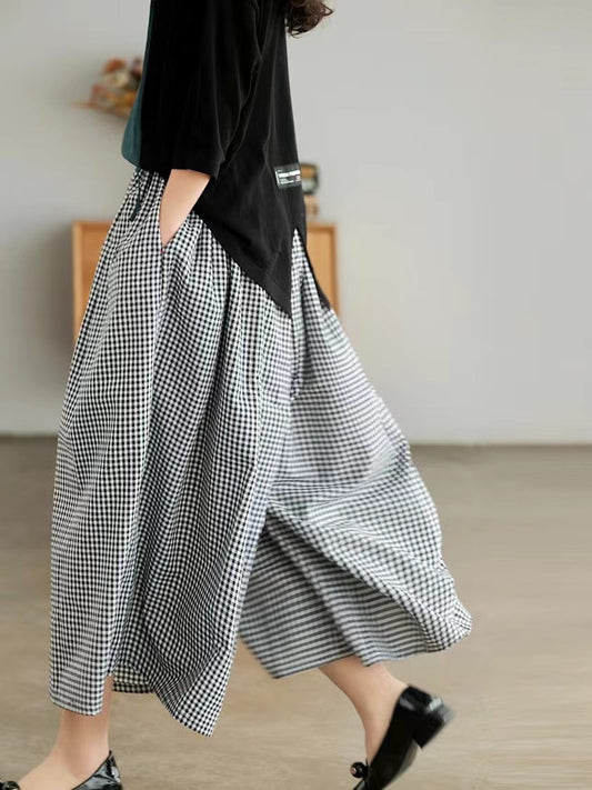 lovevop Retro Cotton Linen Plaid Casual Wide Leg Pants