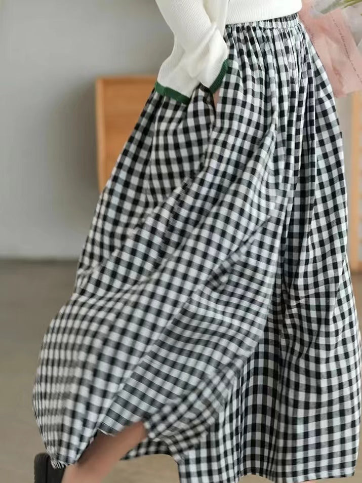 lovevop Retro Cotton Linen Plaid Casual Wide Leg Pants