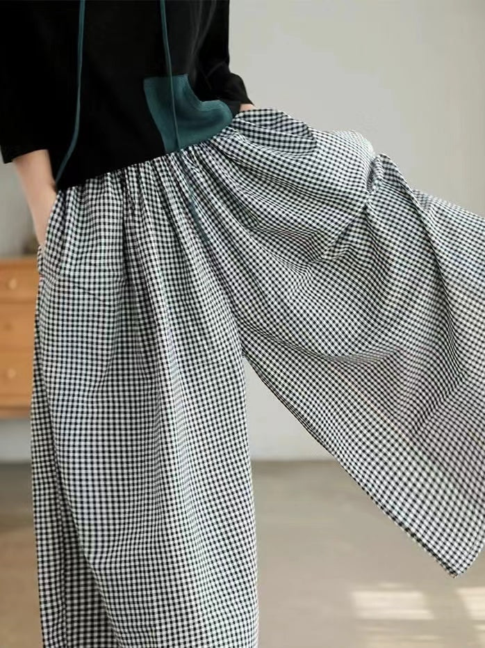 lovevop Retro Cotton Linen Plaid Casual Wide Leg Pants