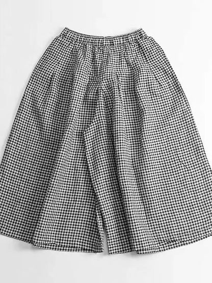 lovevop Retro Cotton Linen Plaid Casual Wide Leg Pants