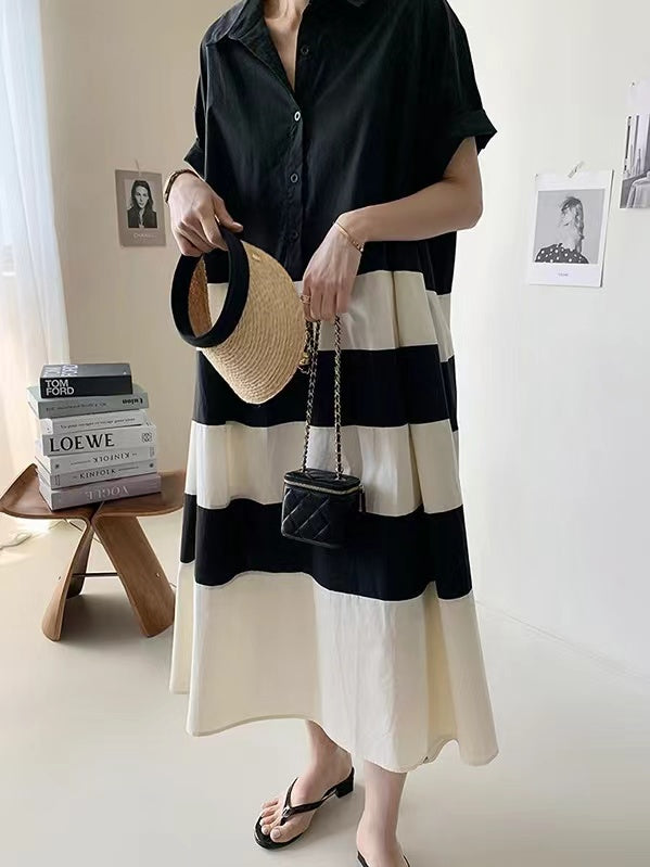 lovevop French Loose Black&white Oversize Shirt Dress