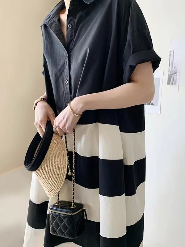 lovevop French Loose Black&white Oversize Shirt Dress