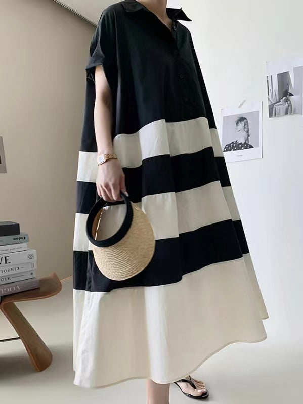 lovevop French Loose Black&white Oversize Shirt Dress