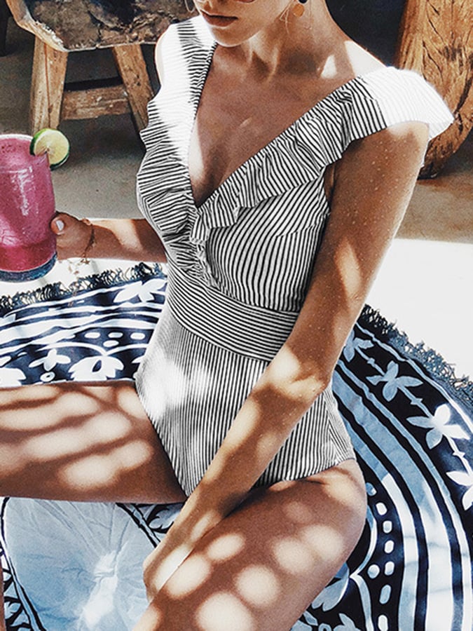 Sexy Striped V-neck Ruffled One-piece Swimsuit