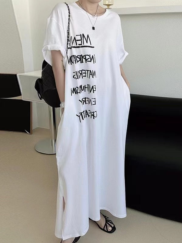 lovevop Letter Print Loose Long Short Sleeve T-Shirt Dress