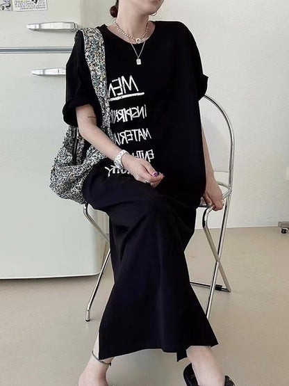 lovevop Letter Print Loose Long Short Sleeve T-Shirt Dress