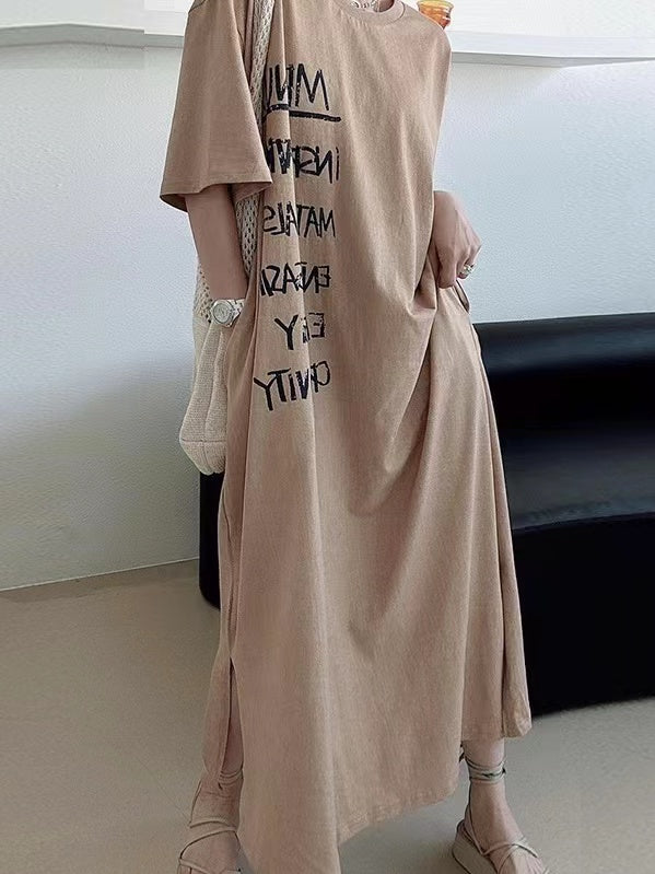 lovevop Letter Print Loose Long Short Sleeve T-Shirt Dress