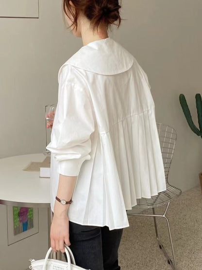 lovevop Doll Collar Back Panel Pleated Long Sleeve Shirt