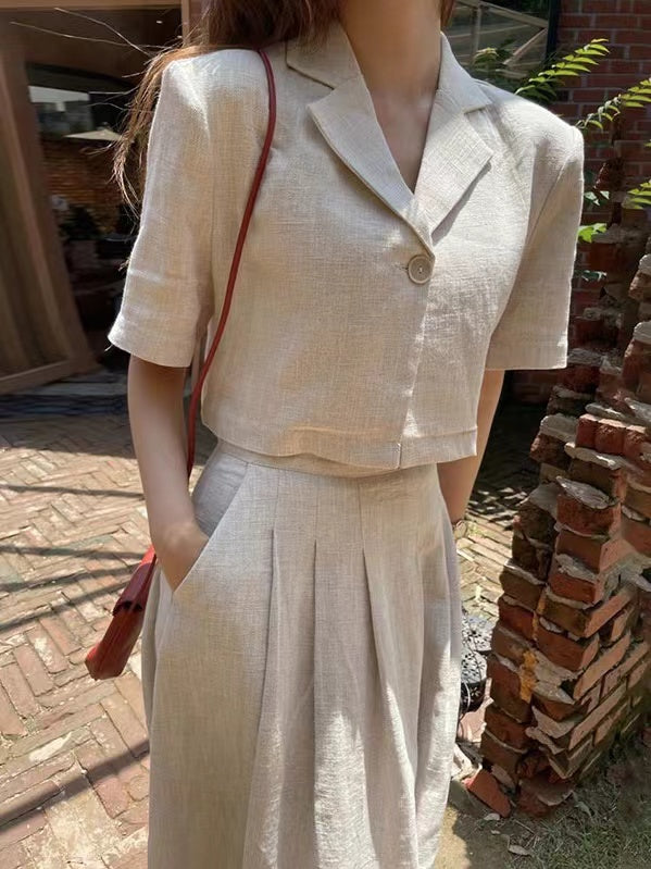 lovevop Loose Linen Short Shirt & A-line Skirt 2 Pieces Suit