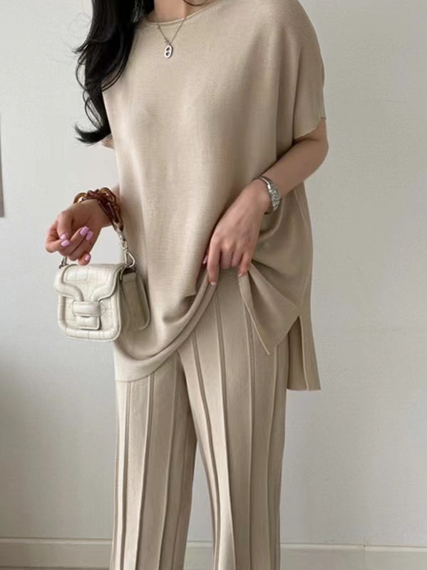 lovevop Round-Neck Knitting Shirt& Pleated Wide-Leg Pants Suit