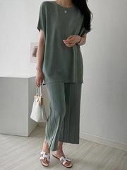 lovevop Round-Neck Knitting Shirt& Pleated Wide-Leg Pants Suit