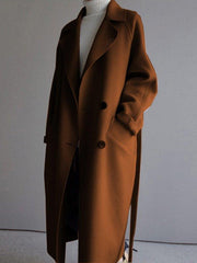 lovevop Urban Loose Solid Color Belted Woolen Coat