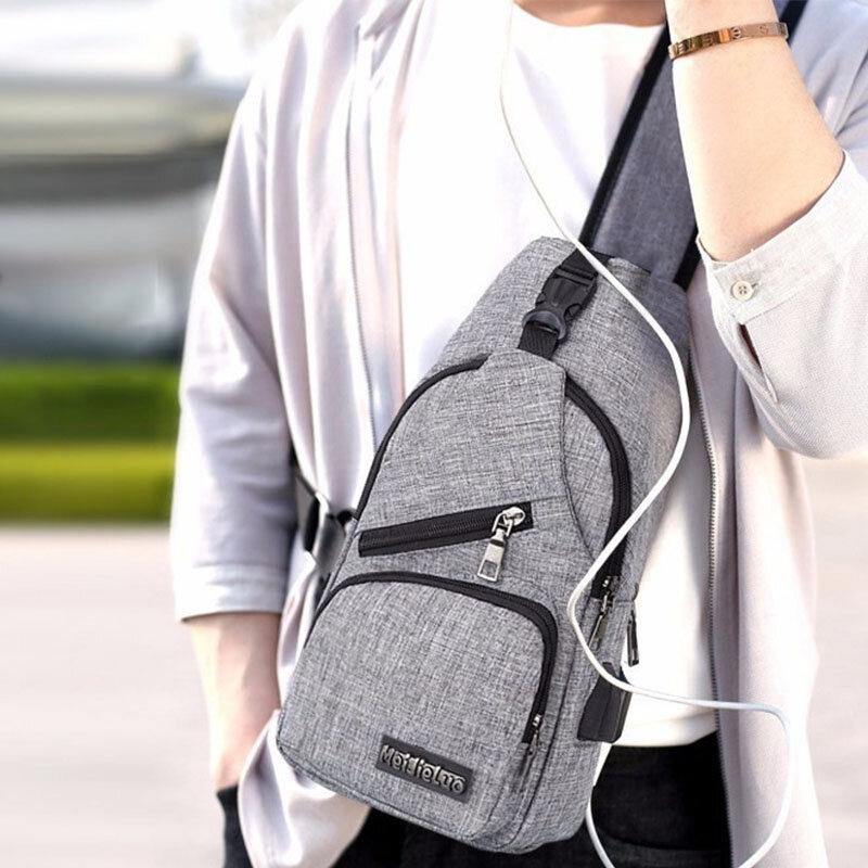 lovevop Men Oxford Cloth USB Charging Multi-pocket Large Capacity Waterproof Chest Bag Shoulder Bag