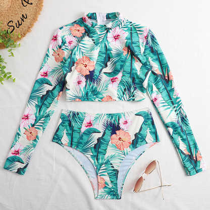 Split Long Sleeve Zipper High Waist Swimsuit