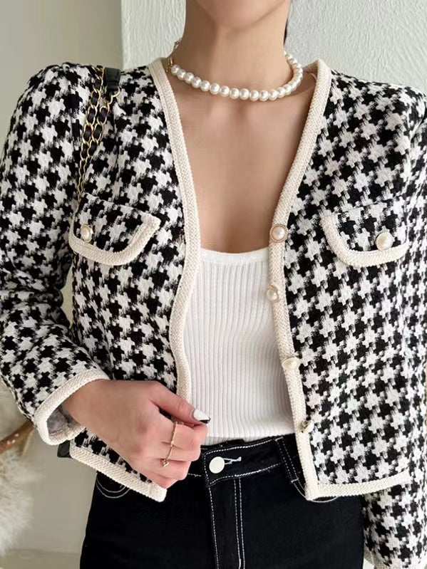 lovevop V-neck Contrasting Houndstooth Loose Coat