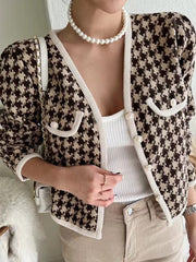 lovevop V-neck Contrasting Houndstooth Loose Coat