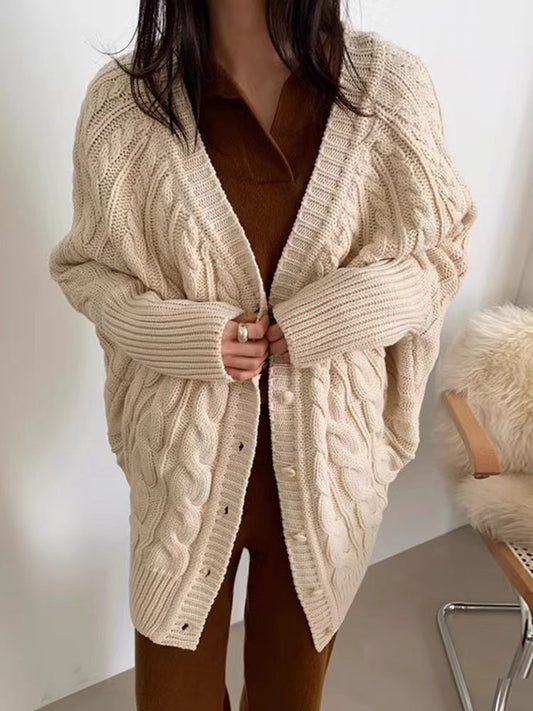 lovevop V-Neck Single-Breasted Hemp Pattern Cardigan Sweater