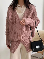lovevop V-Neck Single-Breasted Hemp Pattern Cardigan Sweater