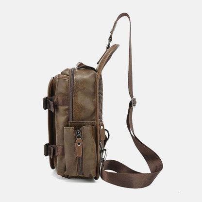 lovevop Men PU Leather Vintage Multifunction Earphone Hole USB Charging Crossbody Bag Chest Bag Sling Bag