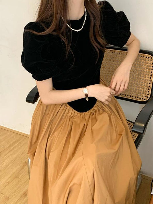 lovevop Vintage Crew Neck Puff Sleeve Irregular Pleated Dress