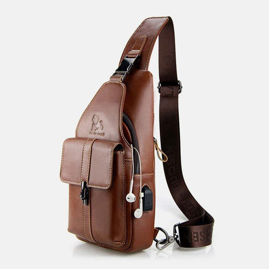 lovevop Men Genuine Leather USB Charging Retro Casual Cowhide Chest Bag Sling Bag Crossbody Bag