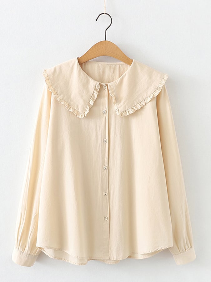 Lovevop Simple Solid Color Patchwork Peter Pan Neck Loose Shirt