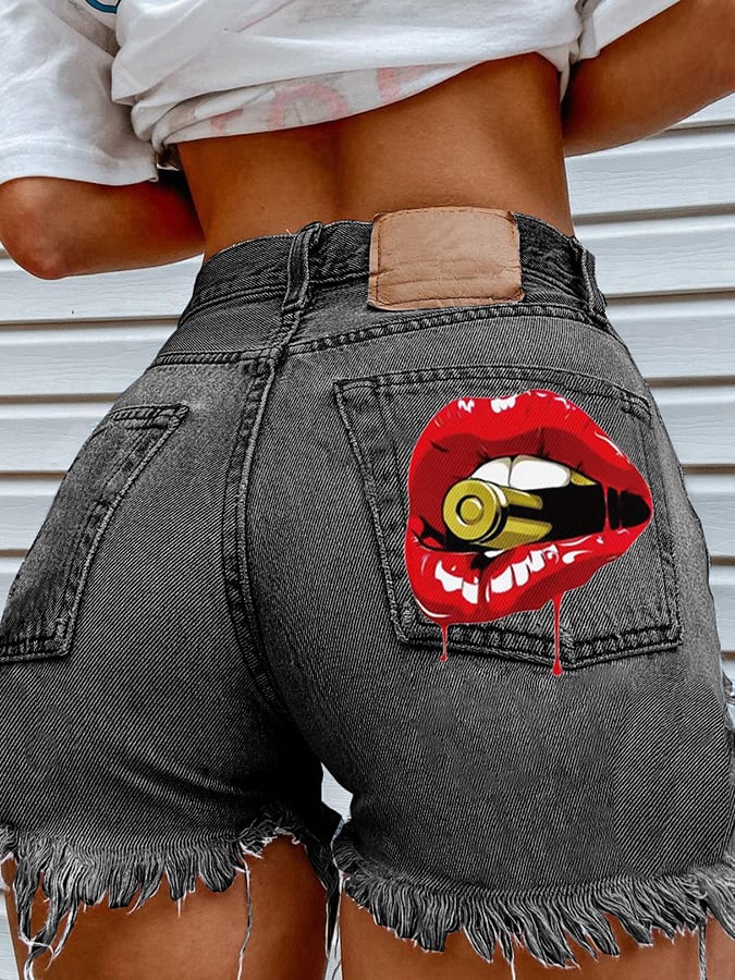 Sexy Denim Shorts With Lip Print Buttocks