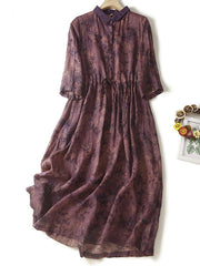 Lovevop Cotton And Linen Retro Lace Up Waist 5/4 Sleeve Lapel Dress