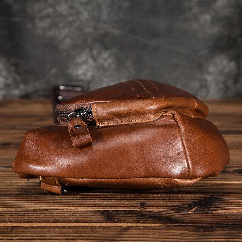 lovevop Men Genuine Leather Multi-Pocket Retro 9 Inch Large Capacity Waterproof Phone Chest Bags Crossbody Bag