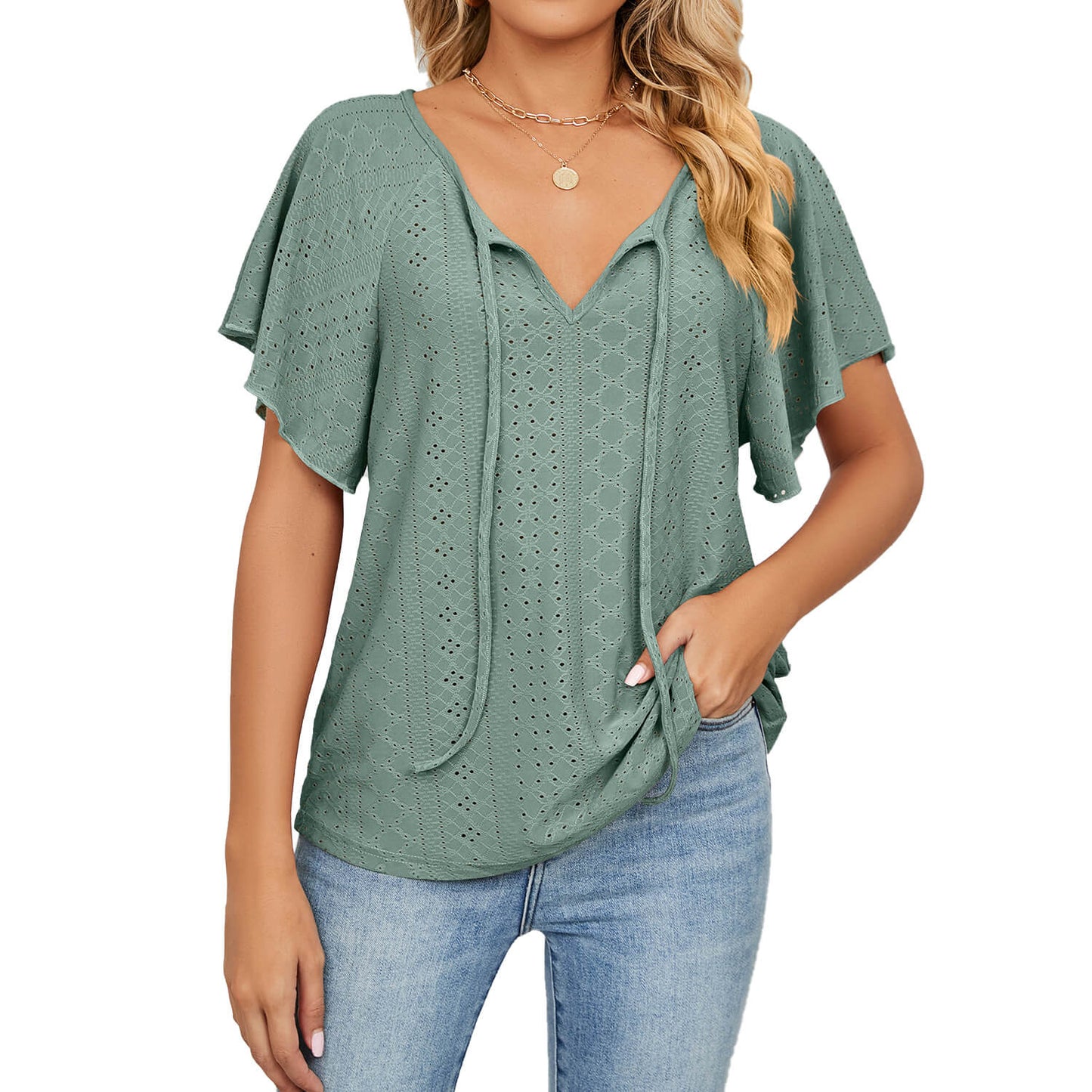 Women's solid colour V-neck lace-up loose t-shirt