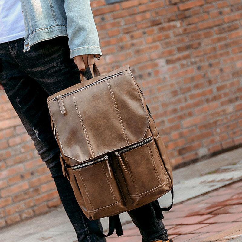 lovevop Men PU Leather Retro Business Casual Style Large Capacity 14 Inch Laptop Bag Student School Bag Travel Backpack