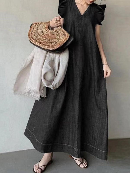 lovevop Fly-sleeve Denim Tie Back V-Neck Long Dress