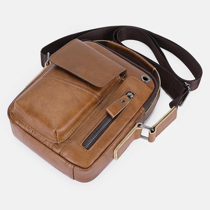 lovevop Men Genuine Leather Multi-pocket Headphone Hole Vintage 6.5 Inch Phone Bag Crossbody Bag Shoulder Bag Messenger Briefcase