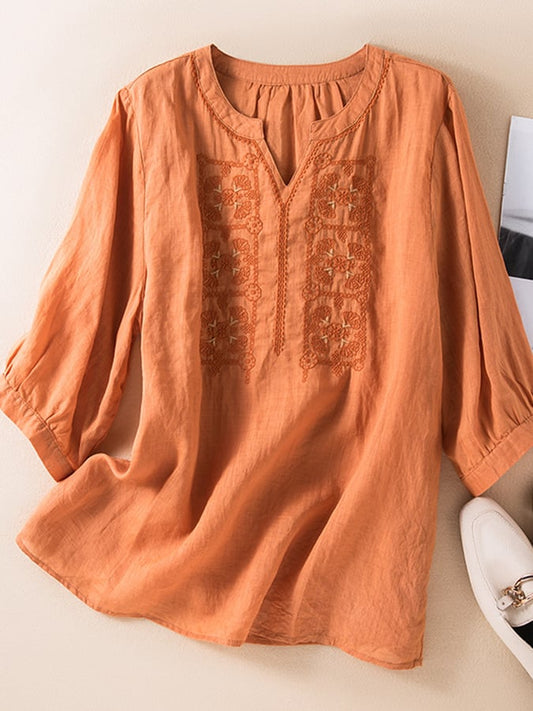 Lovevop Cotton Ethnic Style Embroidered Round Neck Loose Shirt
