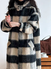 lovevop Plaid Wool Hooded Long Wool Coat