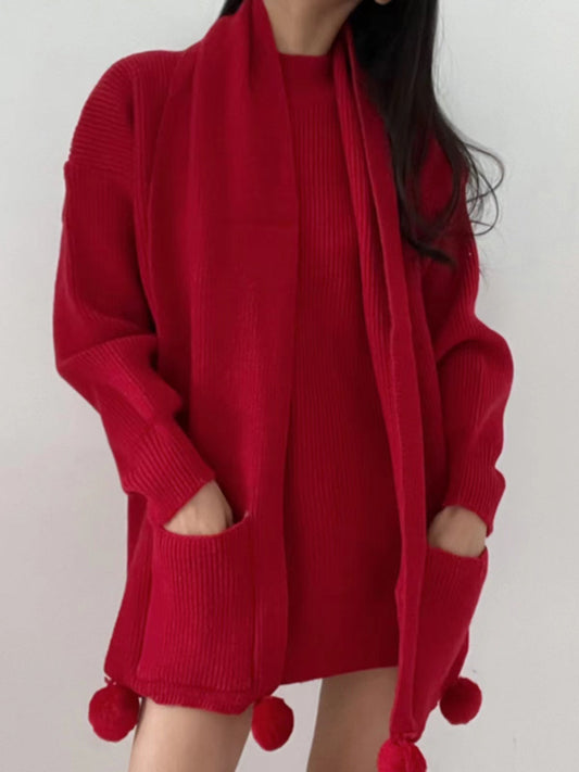 lovevop Christmas Red Loose Scarf Sweater Dress