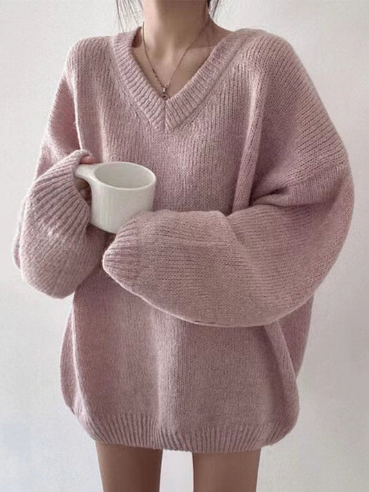 lovevop V-Neck Knitted Loose Pullover Sweater
