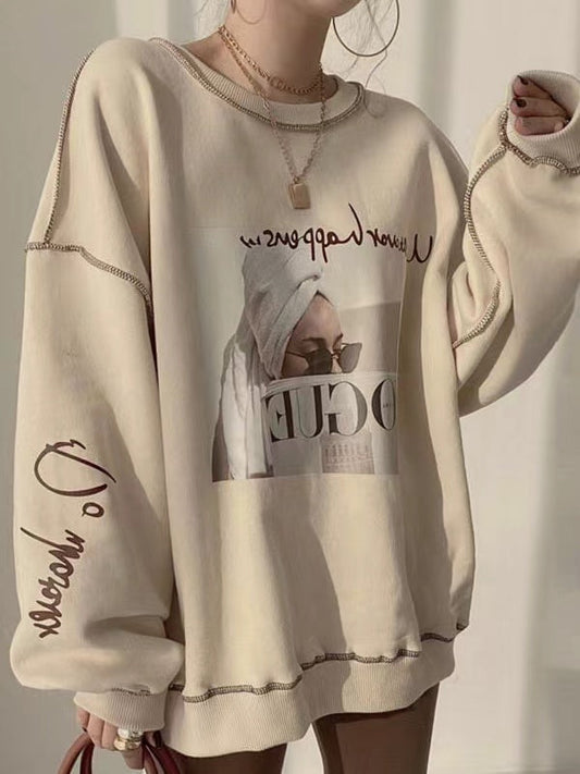 lovevop Retro Graphic Letter Print Pullover Sweatshirt