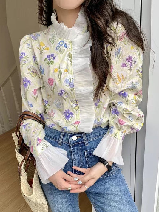 lovevop Floral Print Ruffle Split-joint Blouse