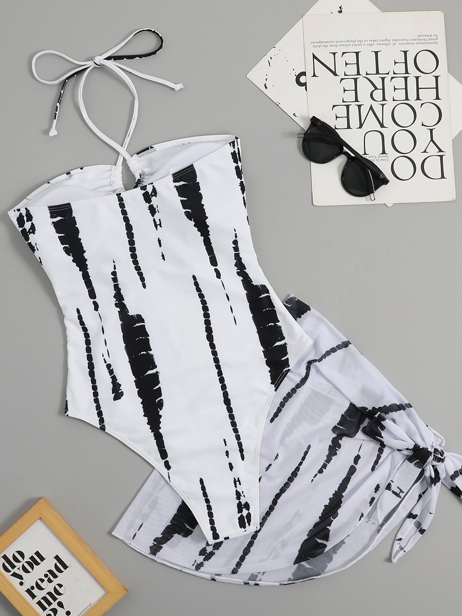 Hollow Out Printed Swimsuit Three Piece Set