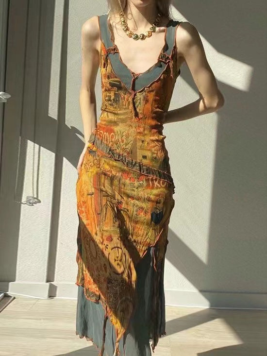 lovevop Oil Painting Printed Retro Irregular Mesh Dress